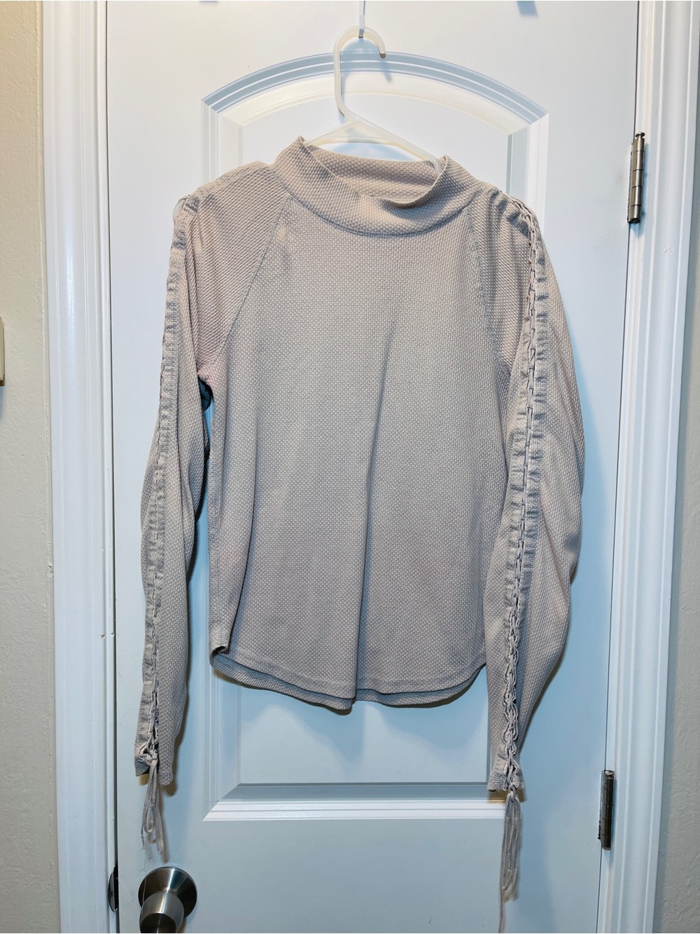 Free People Taupe Waffle-Knit Mock Neck Top with Lace-Up Sleeves